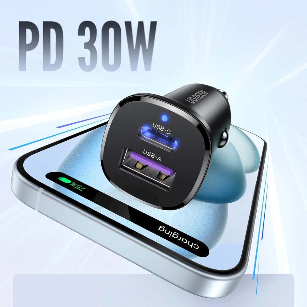 Automobilinis įkroviklis 30W USB-C + USB UGREEN EC305 juodos spalvos