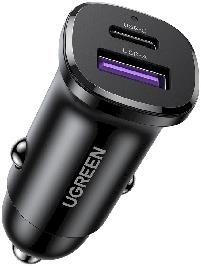 Automobilinis įkroviklis 30W USB-C + USB UGREEN EC305 juodos spalvos