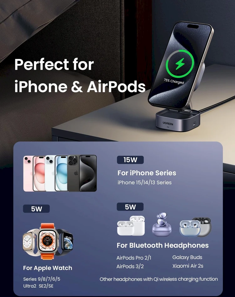 „Ugreen W702 3in1“ indukcinis įkroviklis su „MagSafe“ / „Qi2“ ir USB-C prievadu telefonui / ausinėms – juodos spalvos