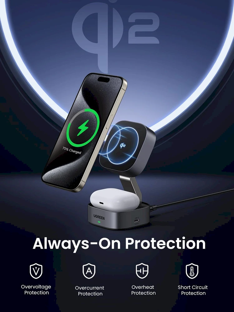 „Ugreen W702 3in1“ indukcinis įkroviklis su „MagSafe“ / „Qi2“ ir USB-C prievadu telefonui / ausinėms – juodos spalvos