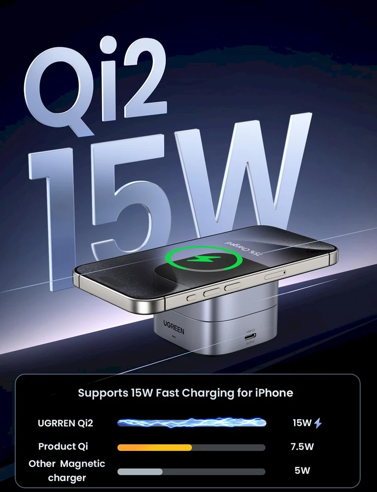 „Ugreen W702 3in1“ indukcinis įkroviklis su „MagSafe“ / „Qi2“ ir USB-C prievadu telefonui / ausinėms – juodos spalvos