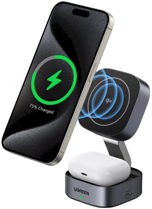 „Ugreen W702 3in1“ indukcinis įkroviklis su „MagSafe“ / „Qi2“ ir USB-C prievadu telefonui / ausinėms – juodos spalvos