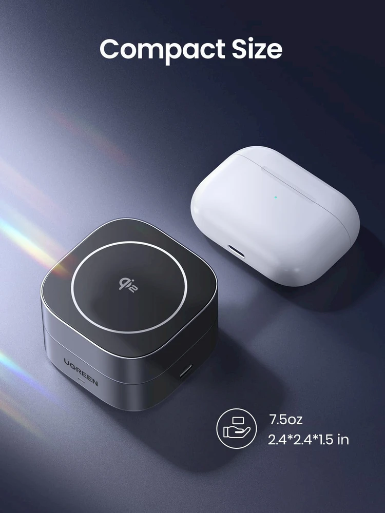 „Ugreen W702 3in1“ indukcinis įkroviklis su „MagSafe“ / „Qi2“ ir USB-C prievadu telefonui / ausinėms – juodos spalvos