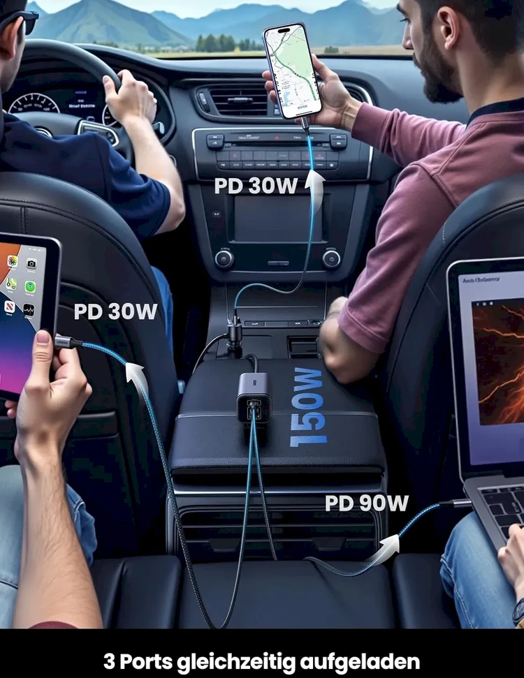 Automobilinis įkroviklis UGREEN 150W 4-Port GaN Car Charger (USB C)