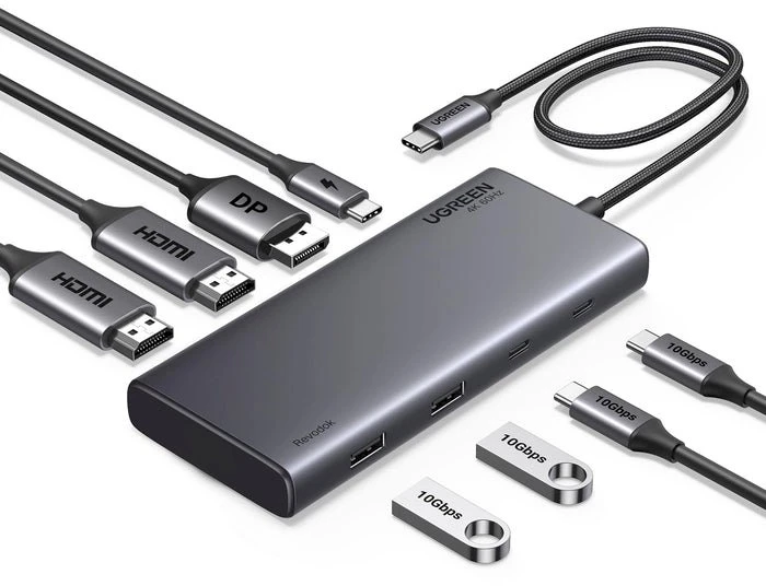 USB-C šakotuvas Ugreen CM639, 2x HDMI, DP, 2x USB, 2x USB-C 3.2 10Gbps, PD, 4K 60Hz