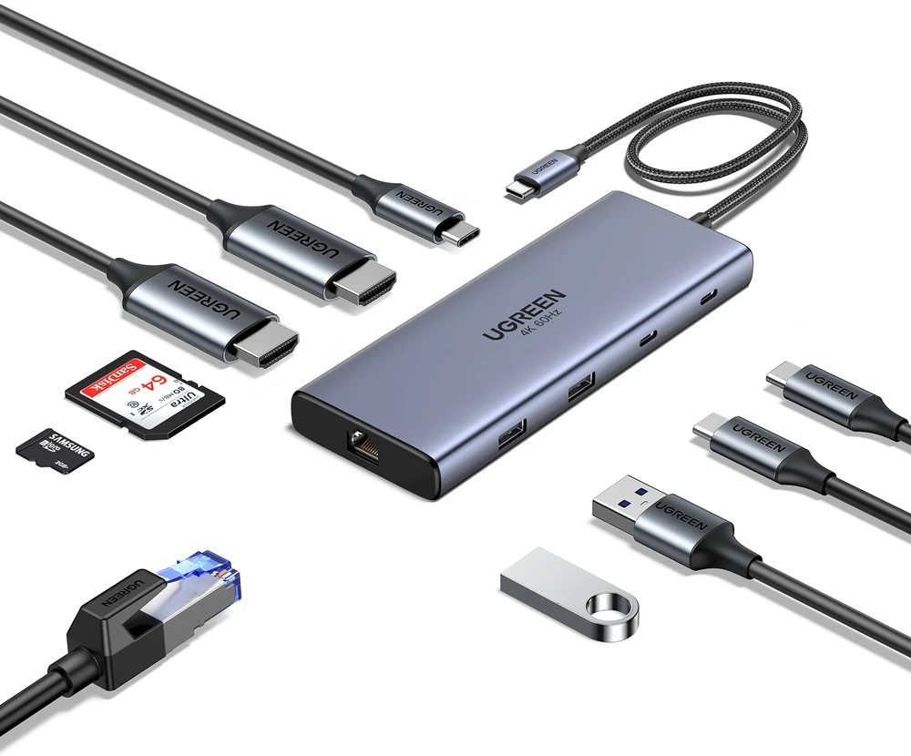 Adapteris / Hub USB-C 10w1 Ugreen CM639, 2x HDMI, 2x USB, RJ45, SD/TF, PD 100W