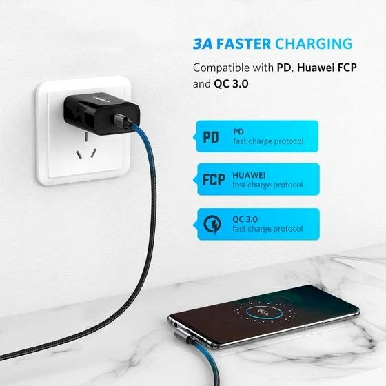 UGREEN USB-C - USB-C kampinis laidas QC 3.0 PD 3A 60W 1m juodas
