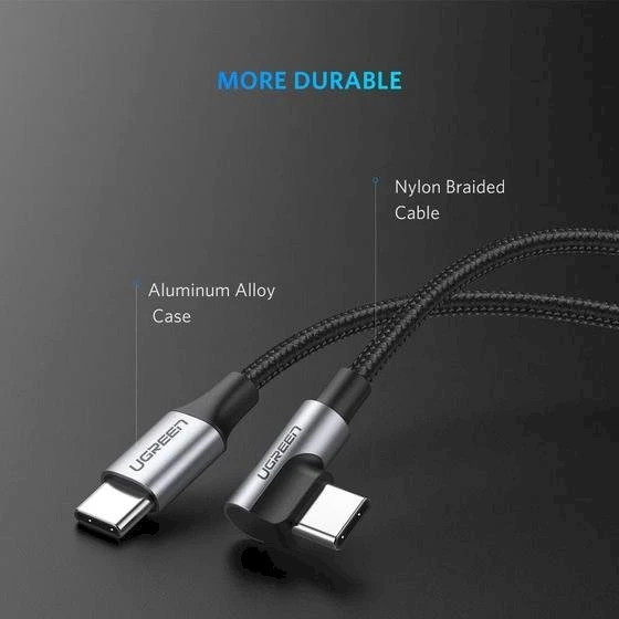UGREEN USB-C - USB-C kampinis laidas QC 3.0 PD 3A 60W 1m juodas