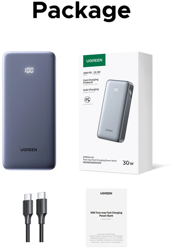 Powerbank 20000mAh Ugreen PB532, USB 2x USB-C, 30W (pilkas)