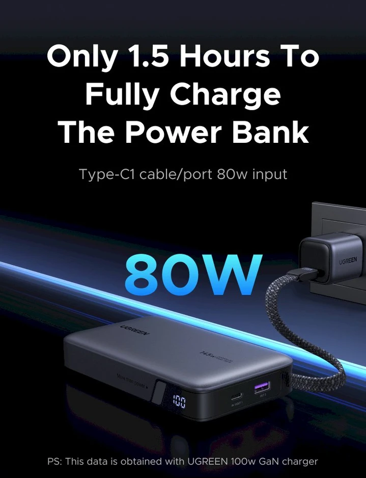 UGREEN nešiojama baterija (Power Bank) 20000mAh, 145W, su integruotu kabeliu, greitasis įkrovimas