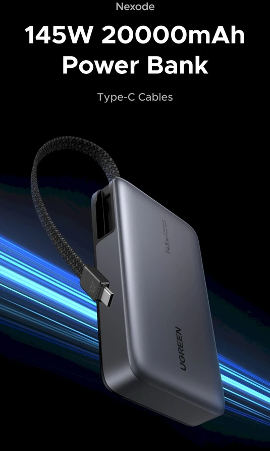 UGREEN nešiojama baterija (Power Bank) 20000mAh, 145W, su integruotu kabeliu, greitasis įkrovimas