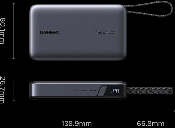 UGREEN nešiojama baterija (Power Bank) 20000mAh, 145W, su integruotu kabeliu, greitasis įkrovimas