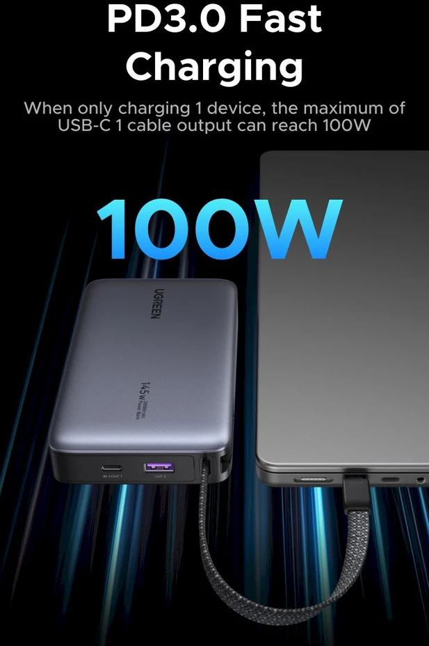 UGREEN nešiojama baterija (Power Bank) 20000mAh, 145W, su integruotu kabeliu, greitasis įkrovimas