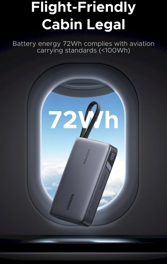 UGREEN nešiojama baterija (Power Bank) 20000mAh, 145W, su integruotu kabeliu, greitasis įkrovimas