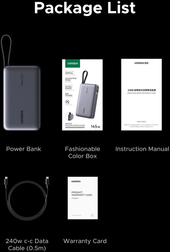 UGREEN nešiojama baterija (Power Bank) 20000mAh, 145W, su integruotu kabeliu, greitasis įkrovimas