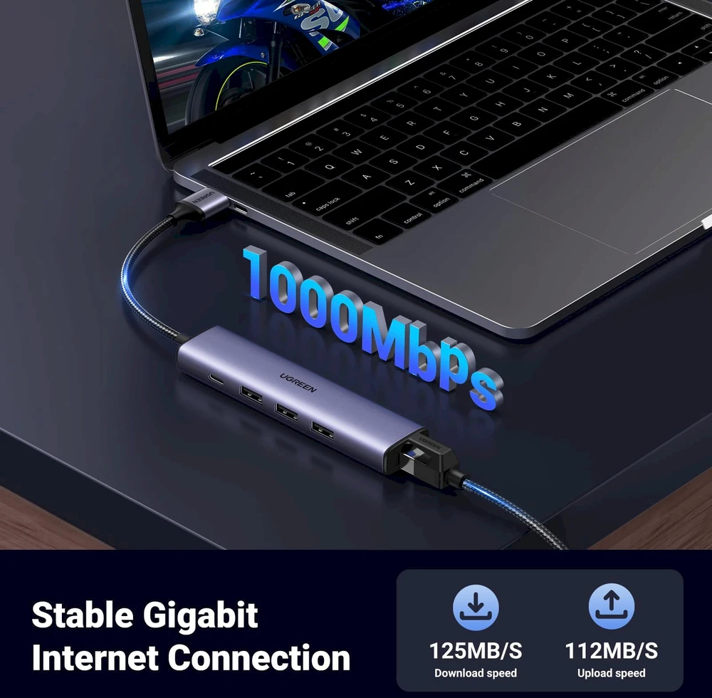 UGREEN 5in1 USB-A 3x USB 3.0 + RJ45 + USB-C adapteriai
