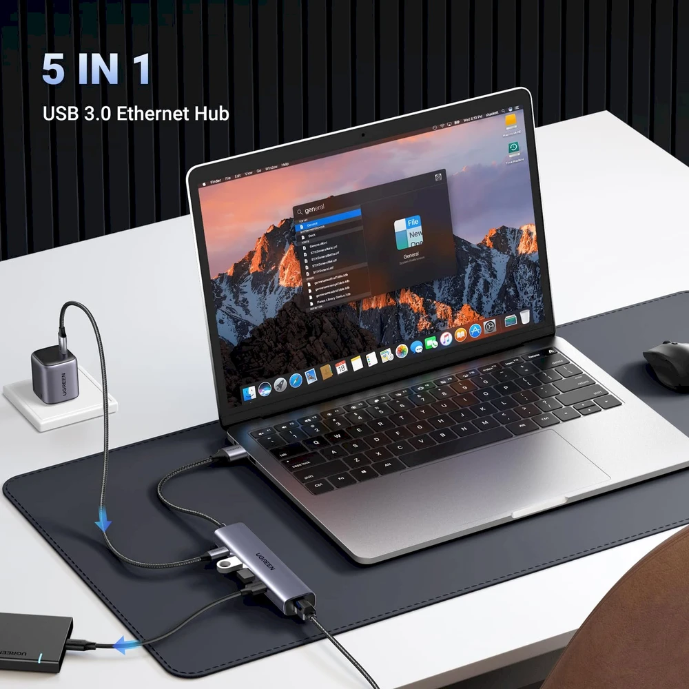 UGREEN 5in1 USB-A 3x USB 3.0 + RJ45 + USB-C adapteriai
