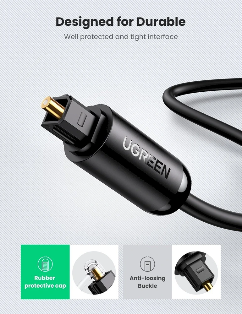 UGREEN AV122 Toslink garso optinis kabelis, 2 m, Juodas