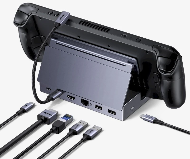 Doko stotelė Ugreen CM800, 6-in-1, skirta nešiojamoms konsolėms Steam Deck / Asus ROG Ally, USB-C į HDMI 4K 120Hz, 2x USB, USB-C, RJ45 (pilka)