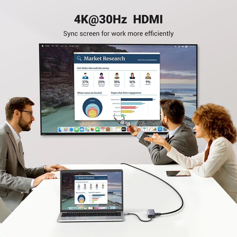 Adapterio šakotuvas UGREEN, USB-C iki 2x USB 3.0, HDMI, RJ45, SD/TF