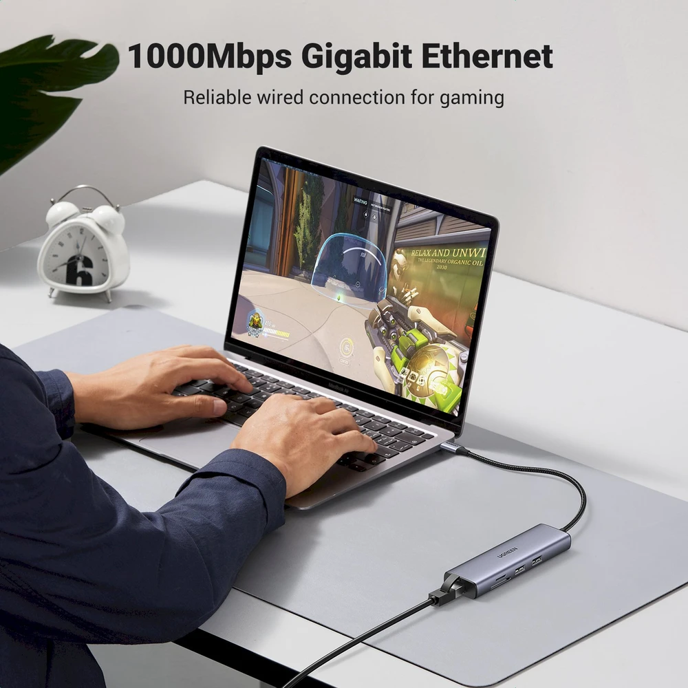 Adapterio šakotuvas UGREEN, USB-C iki 2x USB 3.0, HDMI, RJ45, SD/TF
