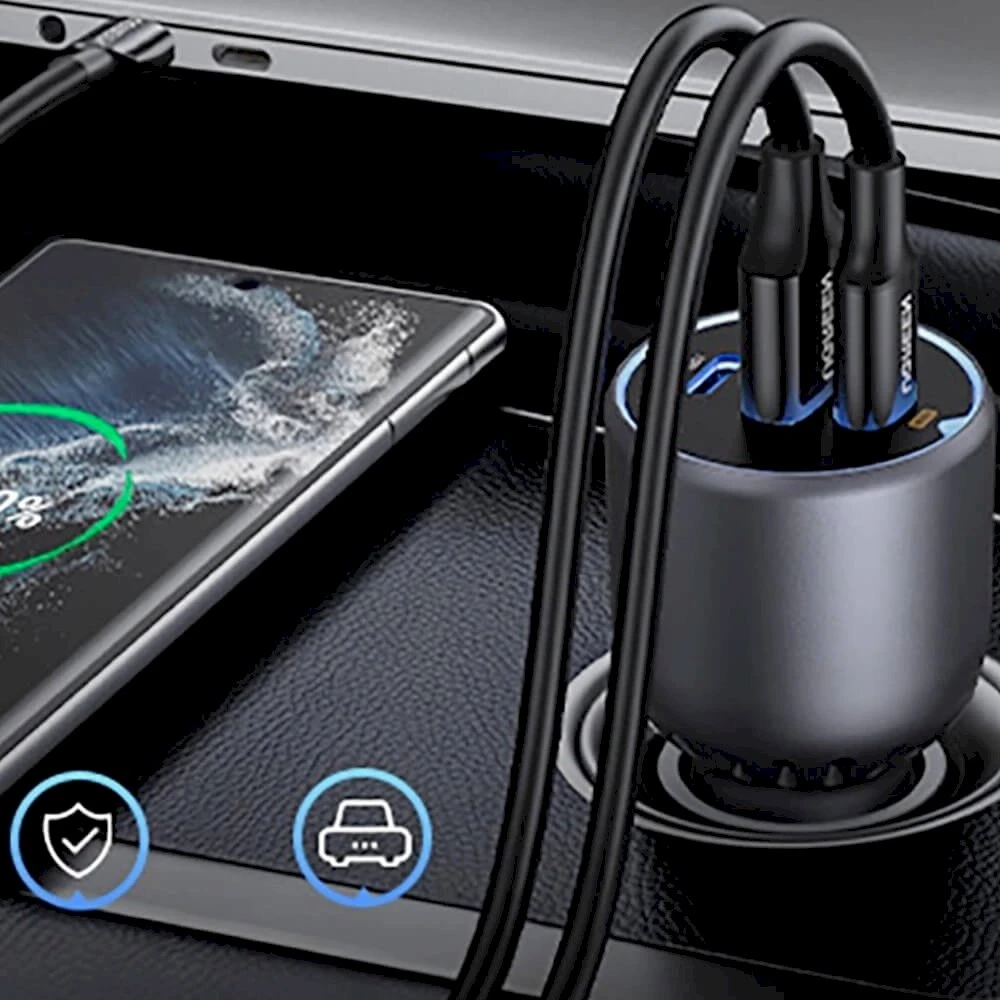 Automobilinis įkroviklis UGREEN EC705, USB-A + 2x USB-C, 130W + 1m 5A laidas