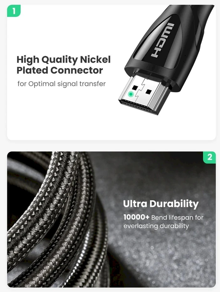 Kabelis HDMI-HDMI kištukai 1m (HDMI 2.1 8K@60Hz 48Gbps) juodas su nailoniniu šarvu HD140 UGREEN