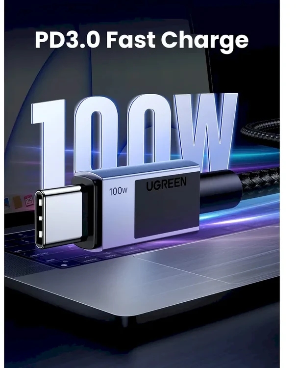 UGREEN USB-C – USB-C kabelis, PD greitasis įkrovimas, pilkas, 0.5m