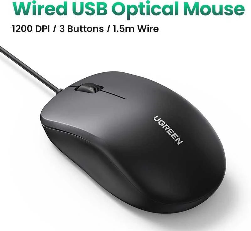 Ugreen Laidinė USB kompiuterinė pelė 1200 dpi, juoda