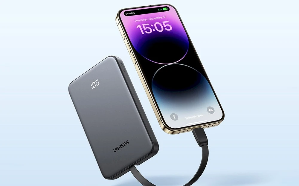 Powerbank 10000mAh Ugreen PB526 USB + USB-C, 20W, įmontuotas kabelis (pilka)