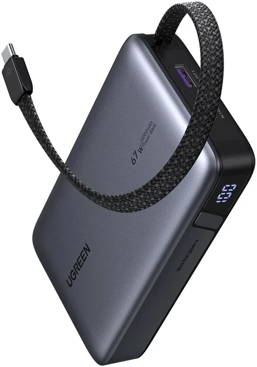 Powerbank 20000mAh Ugreen PB550 USB + USB-C, 67W, įmontuotas kabelis, CCC (pilka)