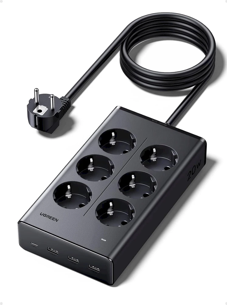 Ilgiklis 6 lizdų 1.3m, su USB krovikliu (3x USB-A max 15W, 1x USB-C max 20W) juoda S622 UGREEN
