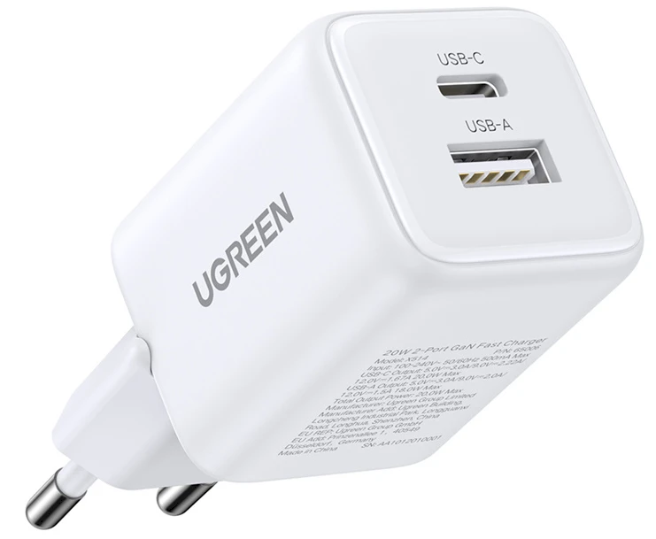 Įkroviklis jungiama į tinklą Ugreen X514 USB + USB-C, GaN, 20W (balta)