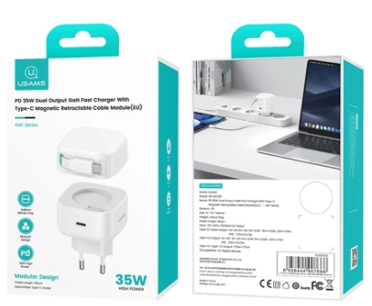 USAMS įkroviklis 1xUSB-C su ištraukiamu USB-C laidu (tik antgalis) PD+QC 35W Gan Fast Charging juodos spalvos