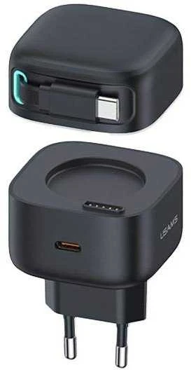 USAMS įkroviklis 1xUSB-C su ištraukiamu USB-C laidu (tik antgalis) PD+QC 35W Gan Fast Charging juodos spalvos