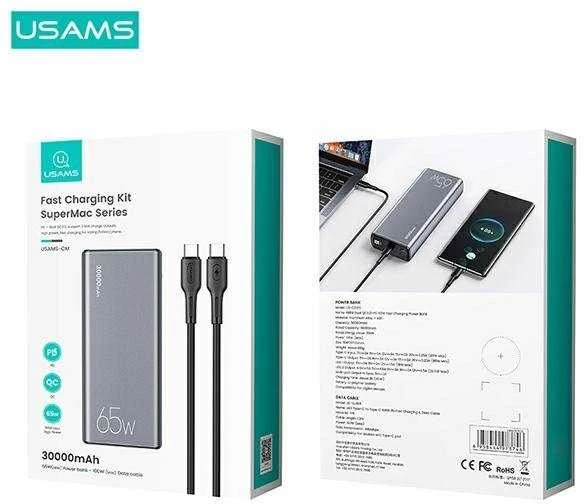 USAMS Powerbank PB59 30000mAh 65W 2xQC3.0 + PD Fast Charge juodos spalvos CMXLOGTC01 (US-CD165) + U cable