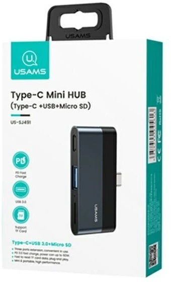 USAMS Adapteris šakotuvas USB 3.0/USB-C/Micro SD pilkos spalvos SJ491šakotuvas01 (US-SJ491)