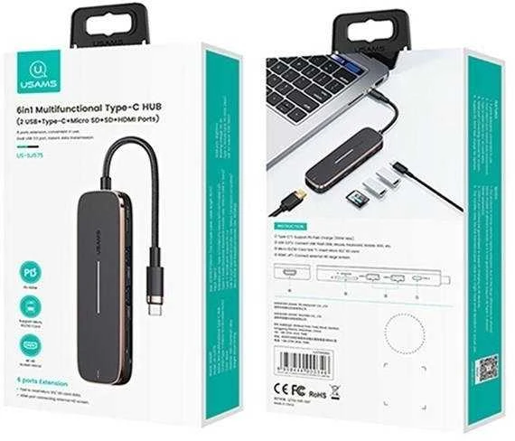 USAMS Adapteris šakotuvas 2xUSB + USB-C + HDMI + Micro SD+SD juodos spalvos SJ575hub01 (US-SJ575)