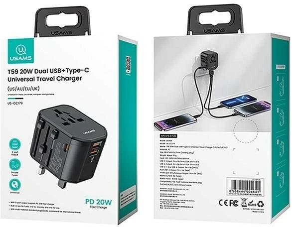 USAMS Adapteris network 2xUSB+1xUSB-C T59 20W4in1 US/AU/EU/UK juodas/juodas CC179TC01 (US-CC179) Univers