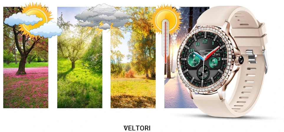 VELTORI VT320-1 Moterims skirtas išmanusis laikrodis su auksiniu apyrankės stiliumi ir rožiniu silikoniniu dirželiu