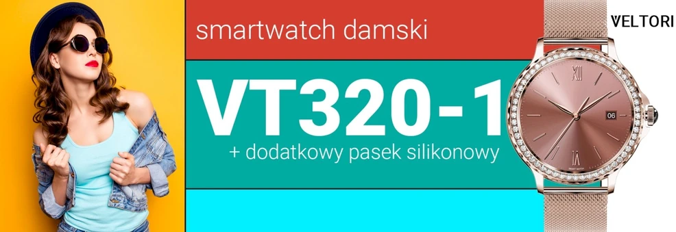 VELTORI VT320-1 Moterims skirtas išmanusis laikrodis su auksiniu apyrankės stiliumi ir rožiniu silikoniniu dirželiu
