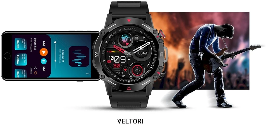 VELTORI VT110-1 Išmanusis laikrodis su juodu silikoniniu dirželiu
