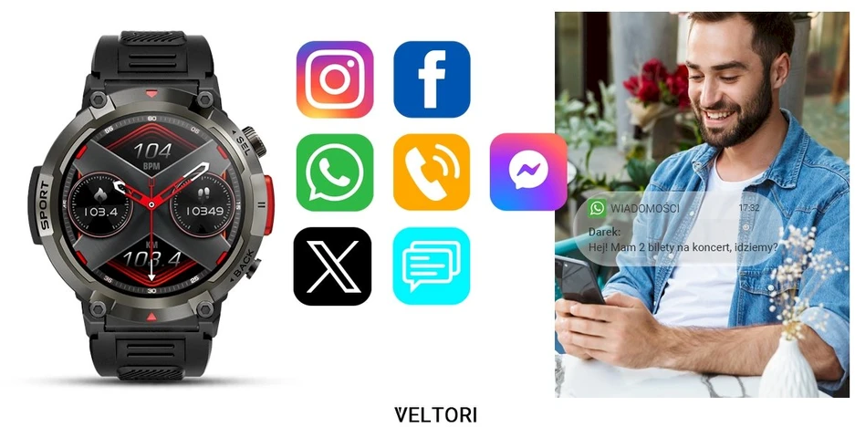 VELTORI VT140-1 Išmanusis laikrodis, juodas silikoninis dirželis