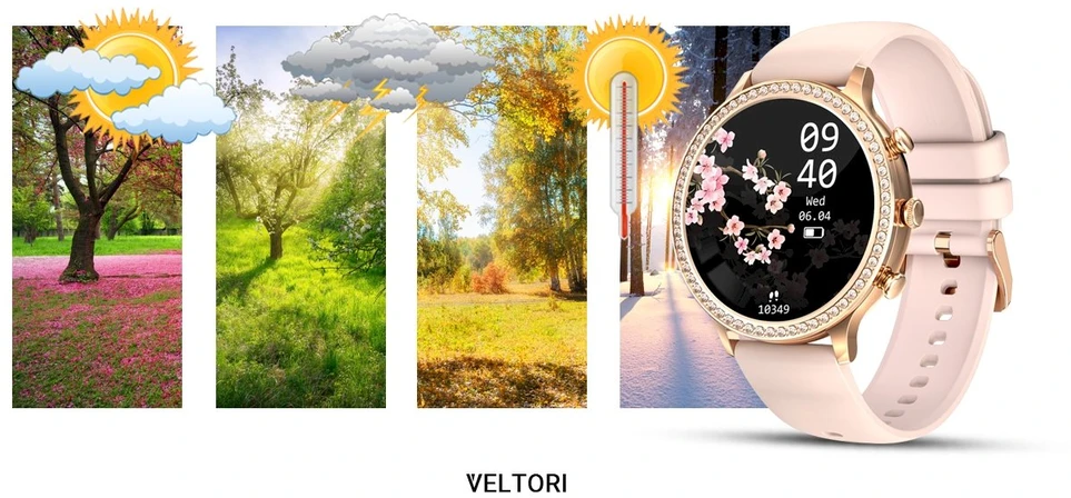 VELTORI VT310-1 Išmanusis laikrodis moterims Auksinė apyrankė + Rožinis silikoninis dirželis