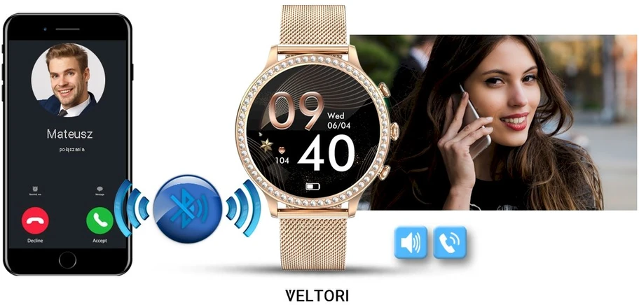 VELTORI VT310-1 Išmanusis laikrodis moterims Auksinė apyrankė + Rožinis silikoninis dirželis
