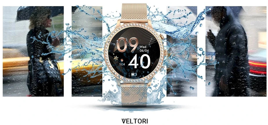 VELTORI VT310-1 Išmanusis laikrodis moterims Auksinė apyrankė + Rožinis silikoninis dirželis