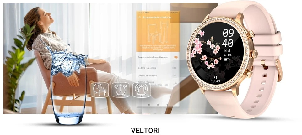VELTORI VT310-1 Išmanusis laikrodis moterims Auksinė apyrankė + Rožinis silikoninis dirželis
