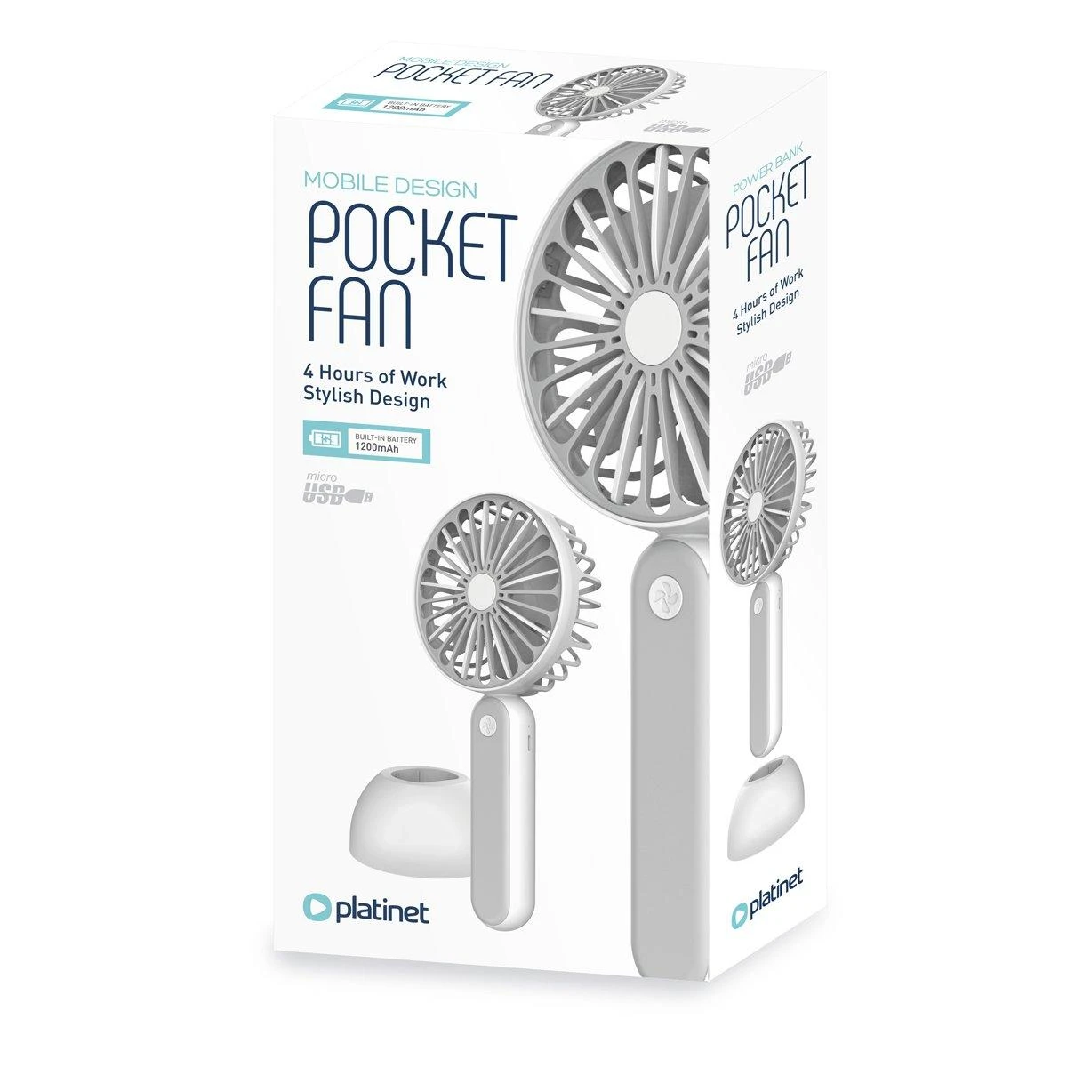 Ventiliatorius Platinet rechargeable fan 1200mAh, baltas/pilkas (45246)