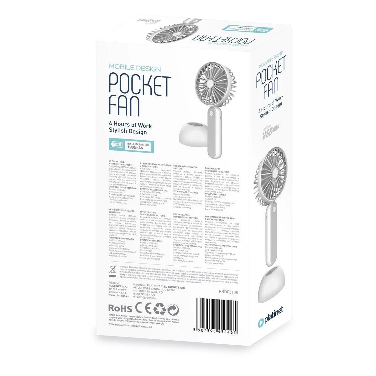 Ventiliatorius Platinet rechargeable fan 1200mAh, baltas/pilkas (45246)
