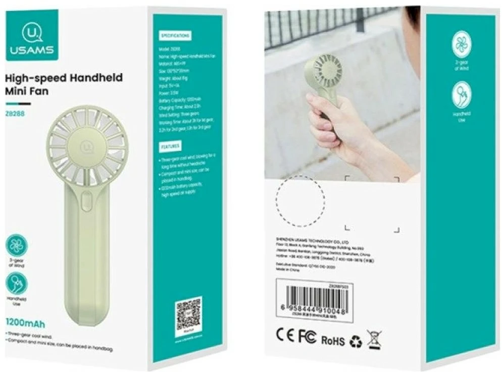 Ventiliatorius Wiatrak rankinis USAMS Mini ZB288 1200mAh žalia